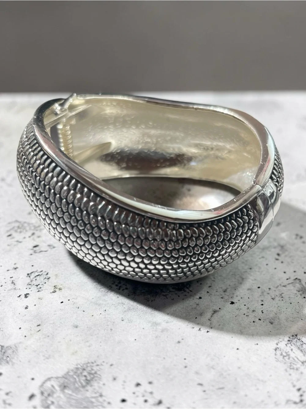 Silver Tone Textured Hinged Magnetic Closure Statement Cuff Bracelet